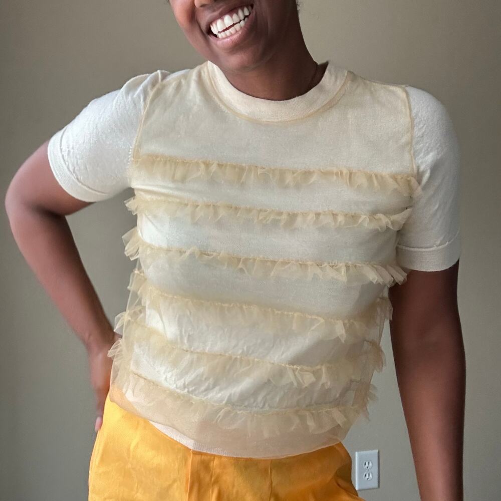 J. Crew Wool Blend Coquette Ruffle Short Sleeve Pale Yellow Sweater Size Medium